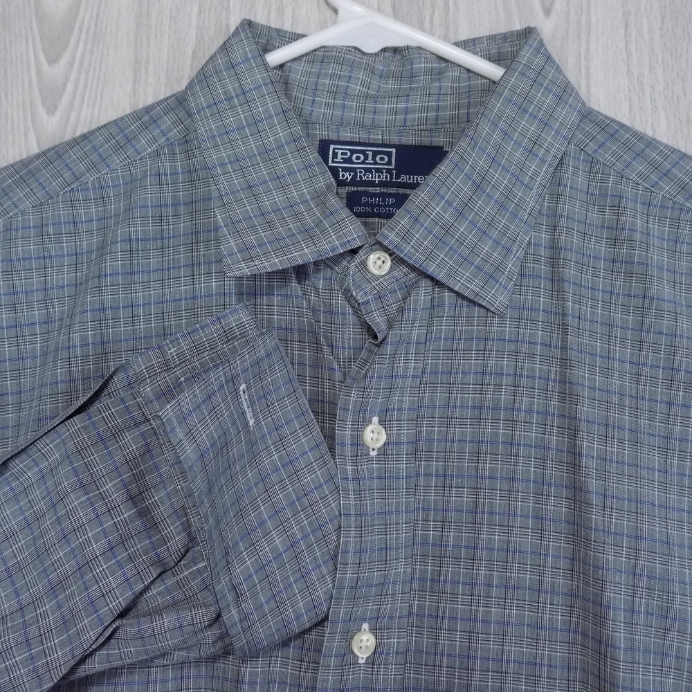 Polo Ralph Lauren Philip Dress Shirt Mens 17-35 Grey Plaid French Cuff Cotton